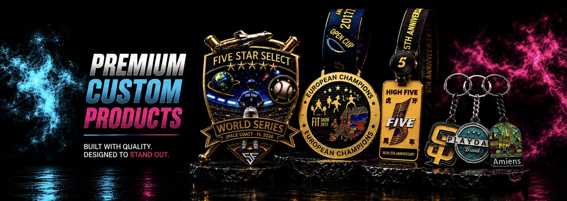 Premium custom products — trading pins, medals, lanyards and keychains